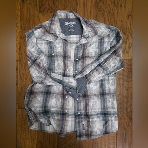 Wrangler Retro Men's Casual Plaid Shirt - Gray, Black, and White Pearl Snaps sz
